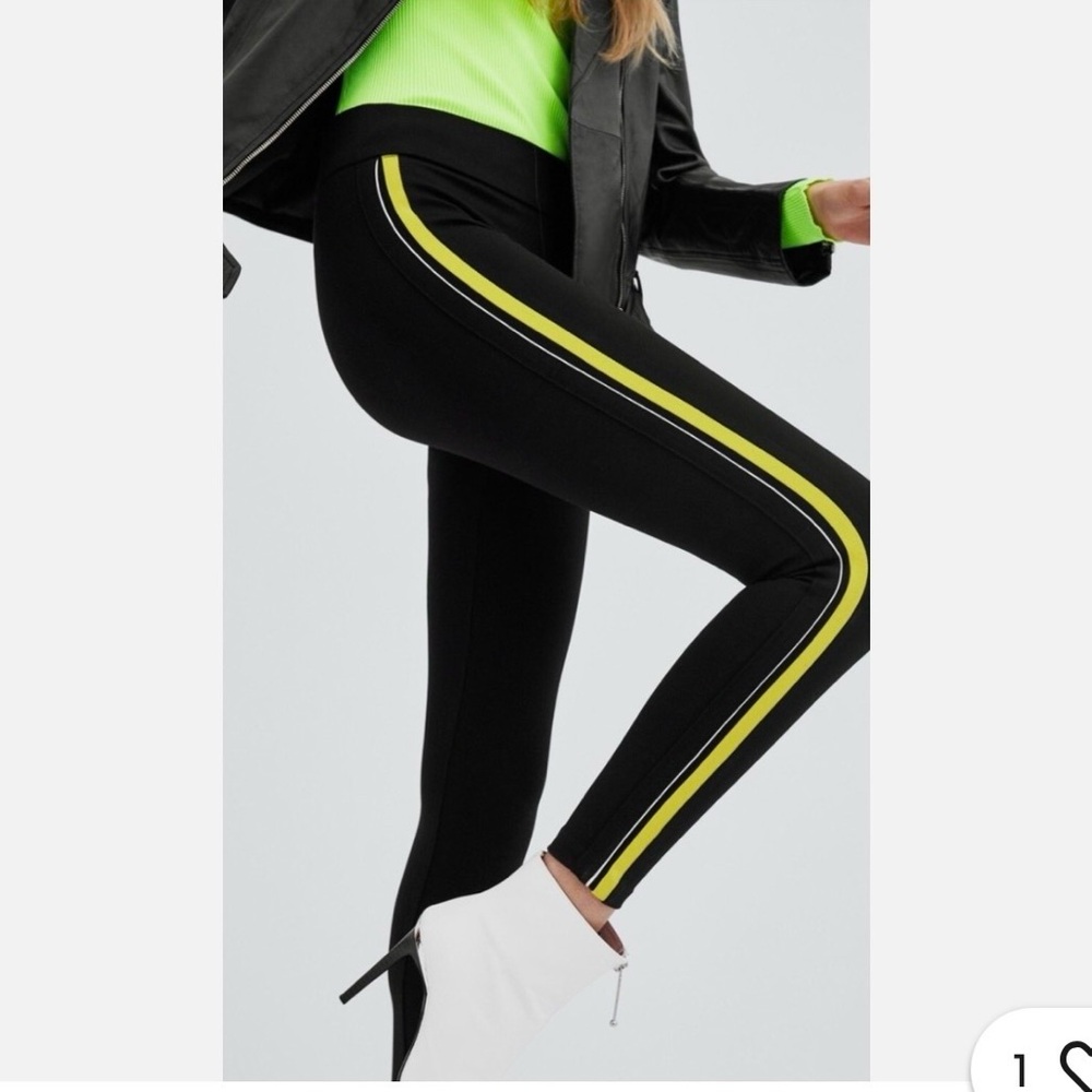 Zara Trafaluc Black Leggings with Yellow and White Stripe